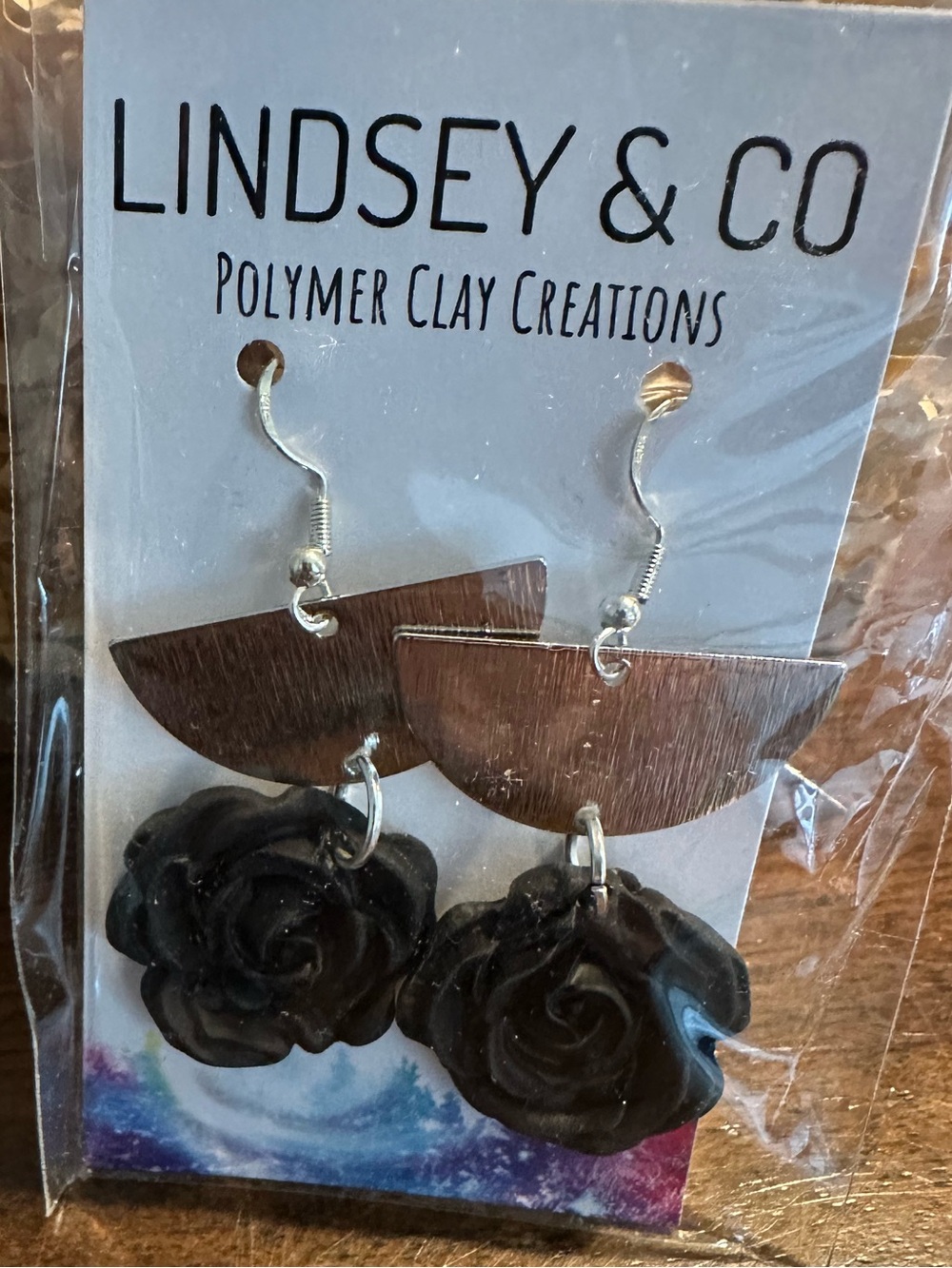 Black Rose Dangle Silver & Polymer Clay Earrings